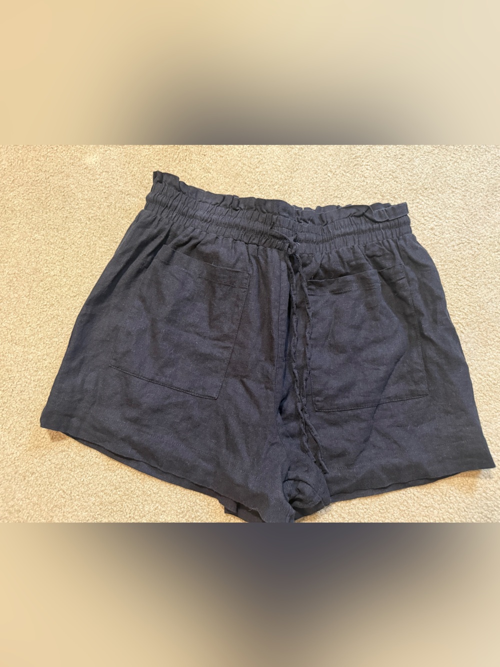 Casual Black Drawstring Linen Shorts